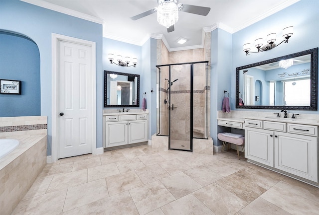 bathroom with shower with separate bathtub, vanity, ceiling fan, and ornamental molding