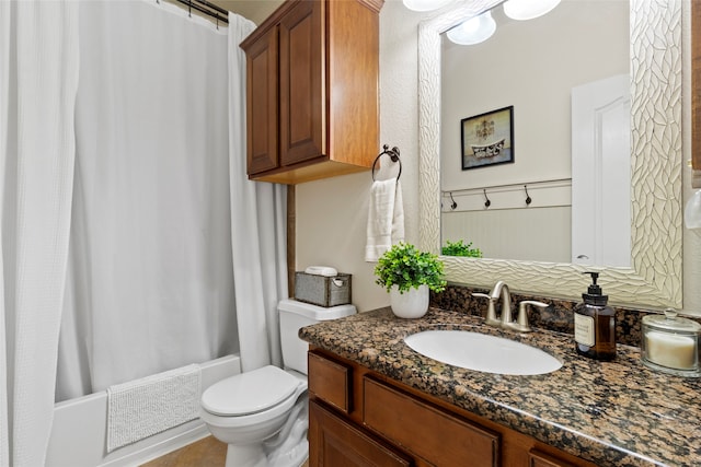 full bathroom featuring toilet, vanity, tile patterned flooring, and shower / bathtub combination with curtain