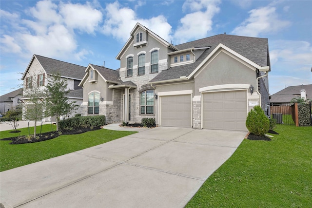 view of front of house with a garage, cooling unit, and a front yard