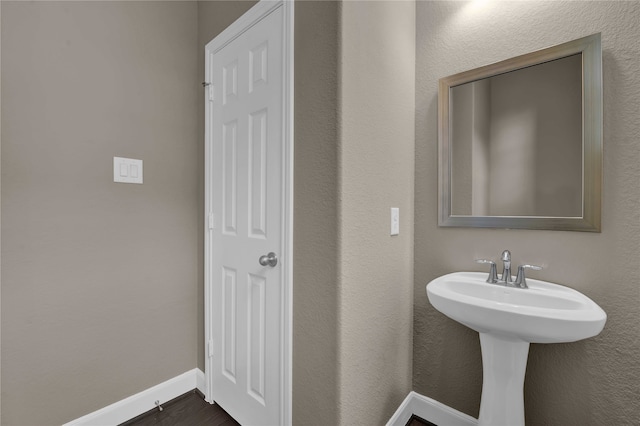 bathroom with wood-type flooring