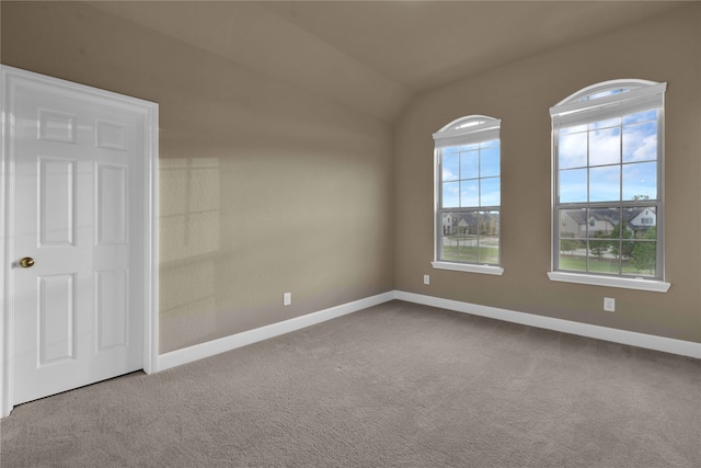 spare room with carpet and vaulted ceiling