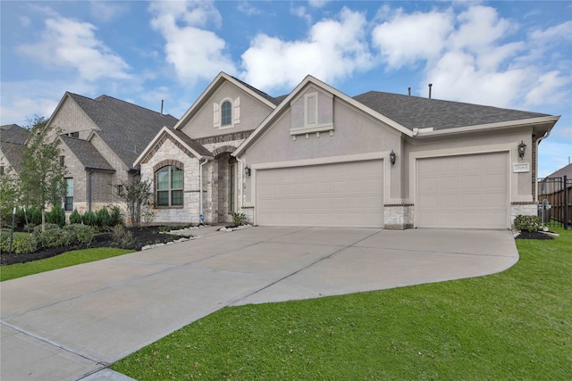 view of front of property featuring a garage and a front lawn