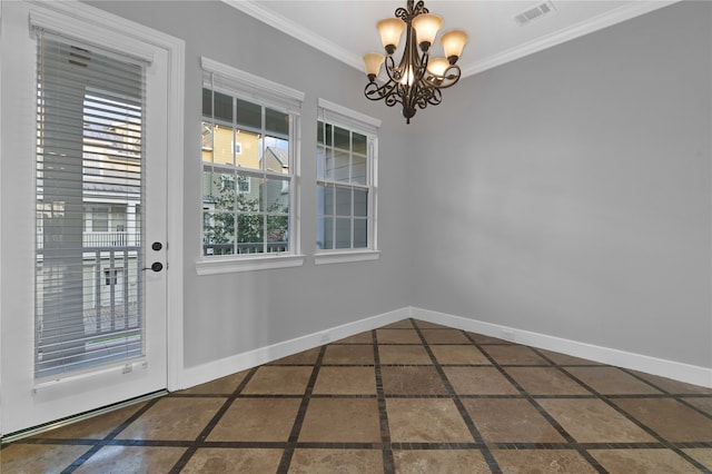 interior space with an inviting chandelier and ornamental molding