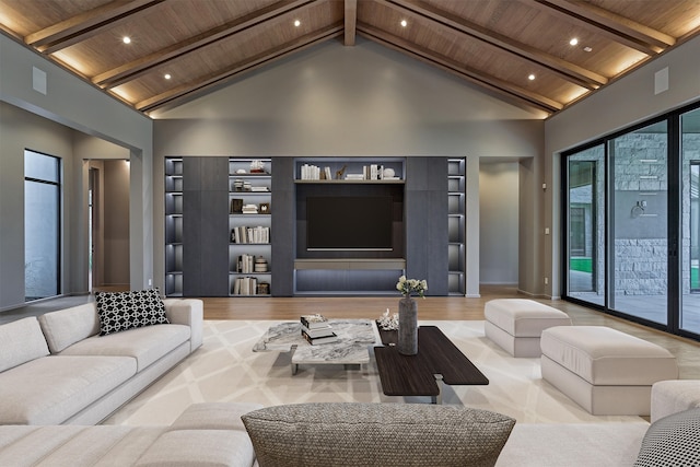 living room featuring high vaulted ceiling, beamed ceiling, wooden ceiling, and light hardwood / wood-style floors