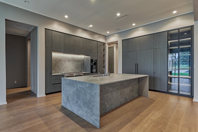 kitchen featuring backsplash, light hardwood / wood-style floors, sink, and a spacious island