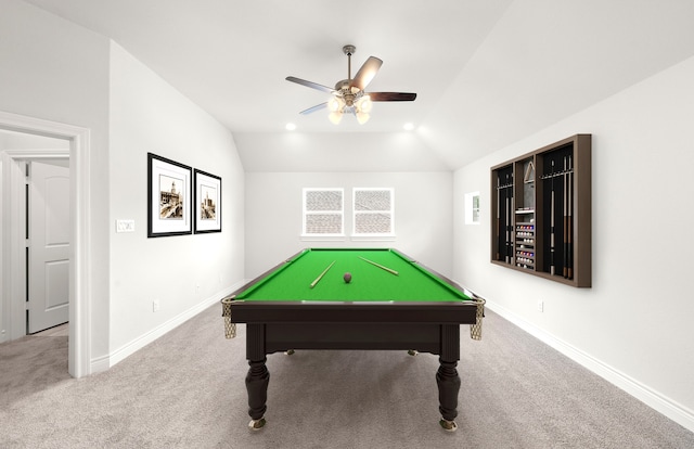 rec room featuring ceiling fan, light carpet, billiards, and vaulted ceiling