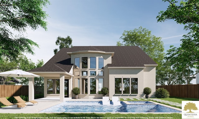 9607 Kerrwood Ln, Houston, TX 77080 - rear view of house featuring brick siding, fence, an in-ground hot tub, a patio area, and roof with shingles