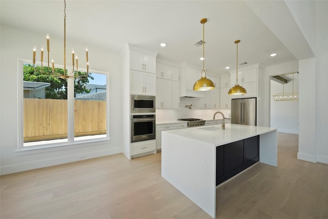 kitchen with pendant lighting, appliances with stainless steel finishes, sink, white cabinetry, and a kitchen island with sink