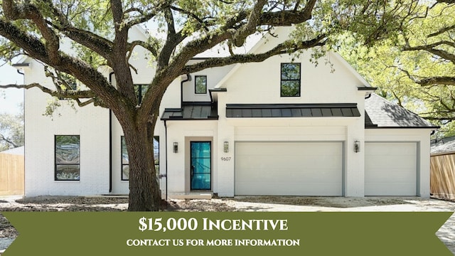 9607 Kerrwood Ln, Houston, TX 77080 - view of front facade featuring brick siding, a standing seam roof, fence, metal roof, and driveway