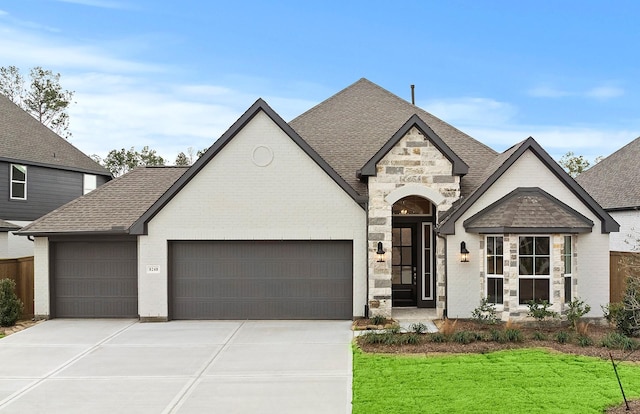 french country inspired facade with an attached garage, brick siding, concrete driveway, and roof with shingles