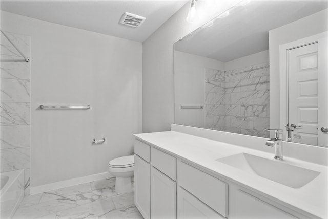 full bathroom featuring vanity, tiled shower / bath combo, and toilet