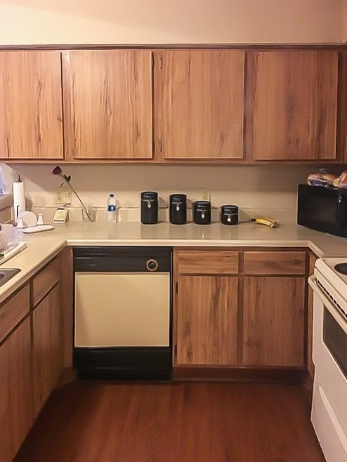 kitchen featuring dark wood-type flooring, white range with electric cooktop, and dishwashing machine