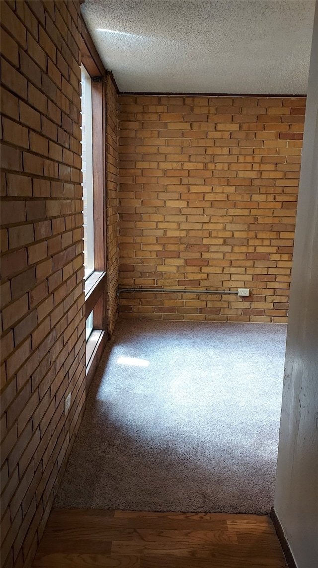 spare room with wood walls, a textured ceiling, and dark colored carpet