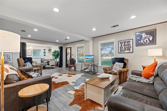 living room featuring hardwood / wood-style floors and beam ceiling