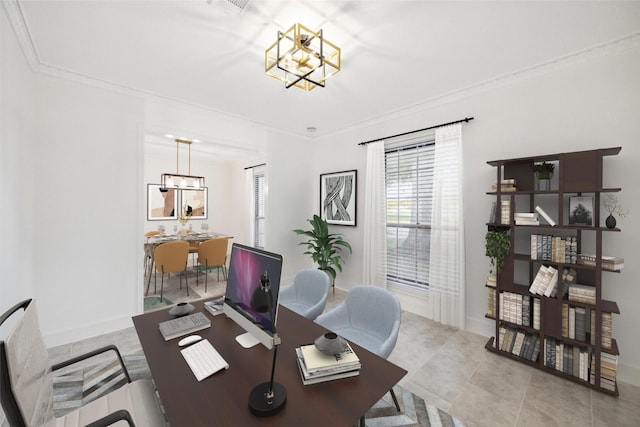 office featuring ornamental molding, light tile patterned floors, and a chandelier