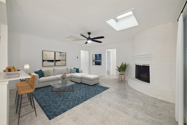 living room featuring a fireplace and ceiling fan