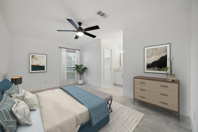 bedroom featuring ensuite bathroom and ceiling fan