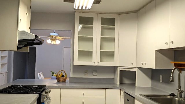 kitchen with white cabinets, appliances with stainless steel finishes, sink, and ceiling fan