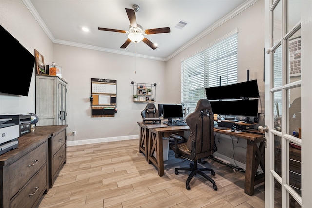 office with crown molding, ceiling fan, and light hardwood / wood-style flooring