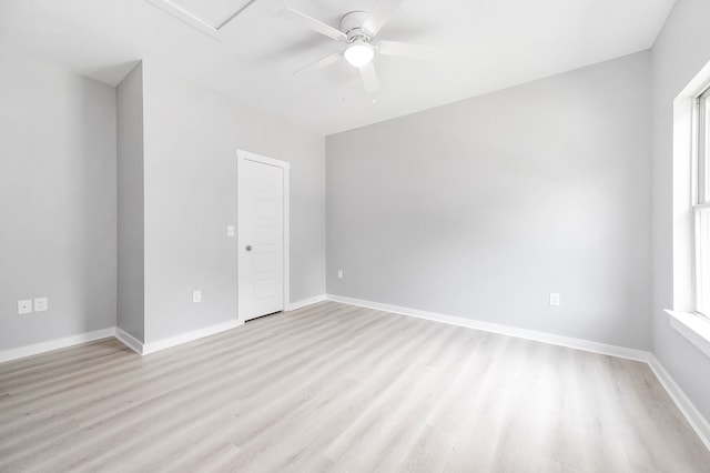 unfurnished room featuring ceiling fan and light hardwood / wood-style flooring