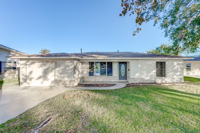 ranch-style house with a garage and a front yard