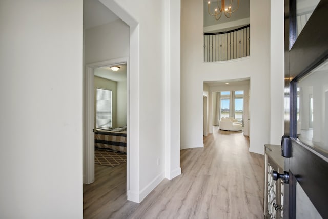 foyer featuring a towering ceiling and light hardwood / wood-style floors