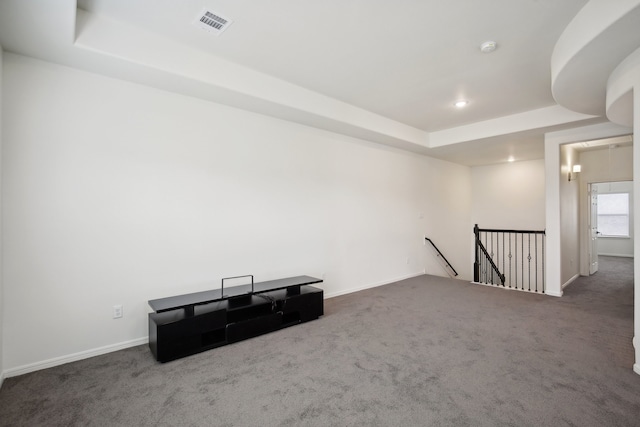 carpeted spare room featuring a raised ceiling