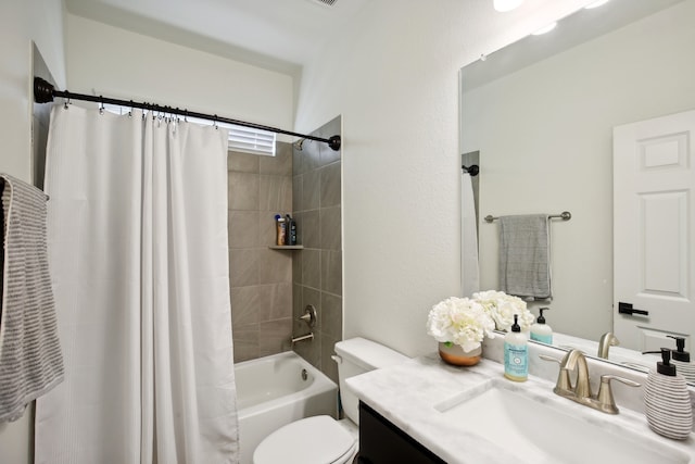 full bathroom featuring vanity, toilet, and shower / bathtub combination with curtain