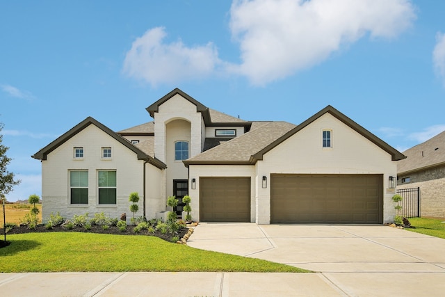 view of front of home featuring a front yard and a garage