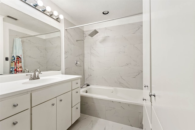 bathroom with vanity and shower / bath combination with curtain