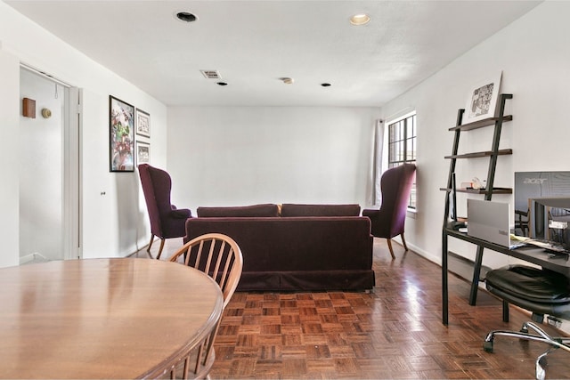 living room with dark parquet floors