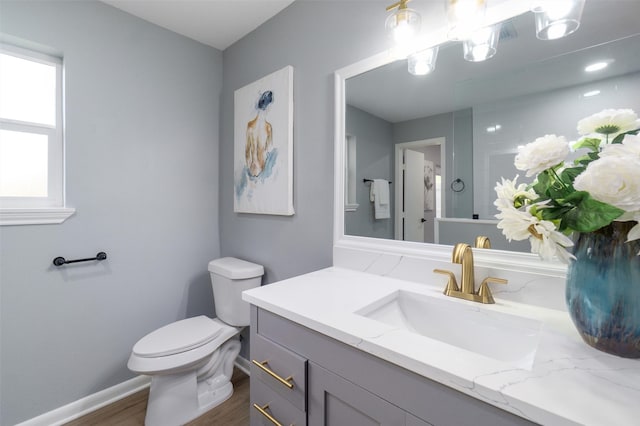 bathroom featuring hardwood / wood-style flooring, vanity, and toilet