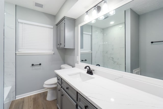 bathroom with hardwood / wood-style flooring, vanity, and toilet