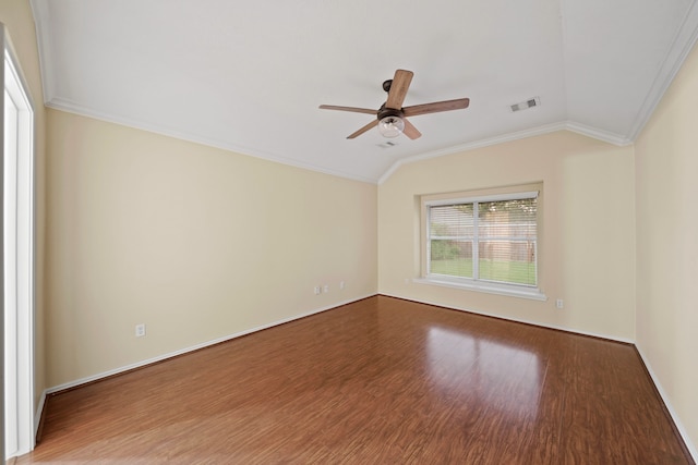 unfurnished room featuring hardwood / wood-style floors, ceiling fan, crown molding, and lofted ceiling