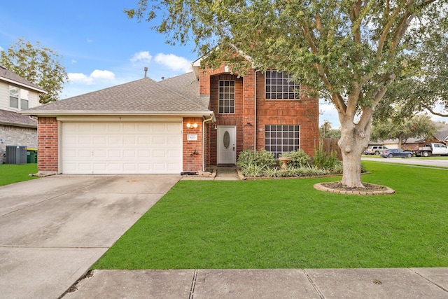 view of property featuring central air condition unit, a front lawn, and a garage