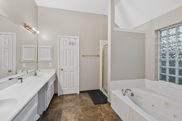 bathroom featuring vanity and plus walk in shower