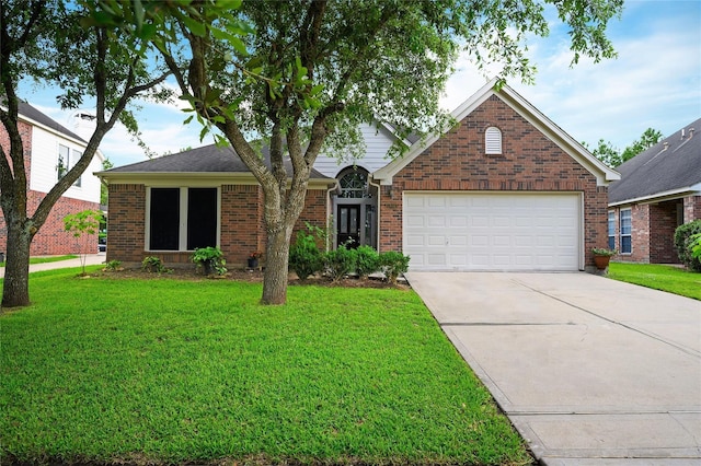 5806 Windy Knoll Ln, Rosharon, TX 77583 - view of front facade featuring a front lawn, a garage, concrete driveway, and brick siding