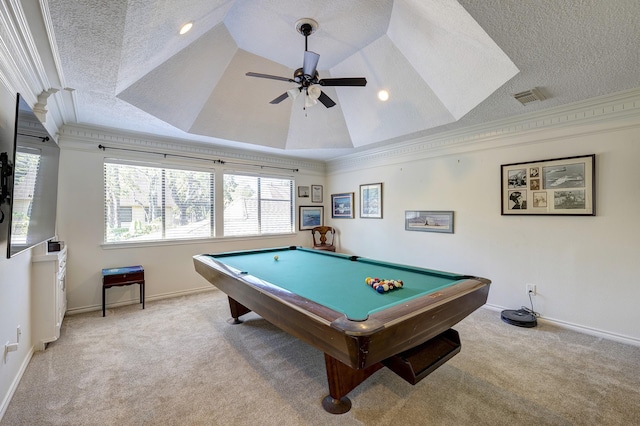 rec room with light carpet, a tray ceiling, ceiling fan, and pool table