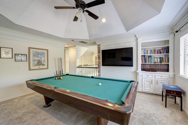 game room with a tray ceiling, ceiling fan, light colored carpet, and billiards