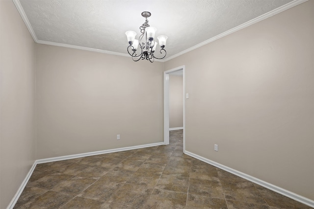 unfurnished room with a chandelier, crown molding, and a textured ceiling