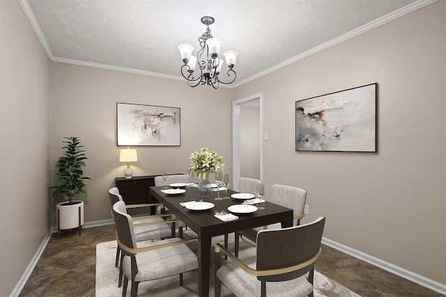 dining room with a textured ceiling, an inviting chandelier, and crown molding