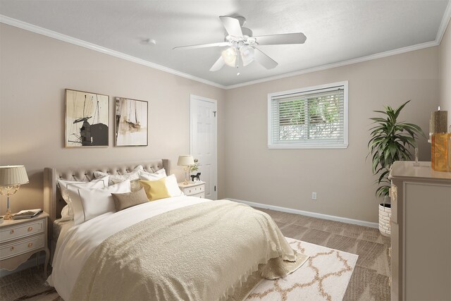 bedroom with light carpet, ceiling fan, and ornamental molding