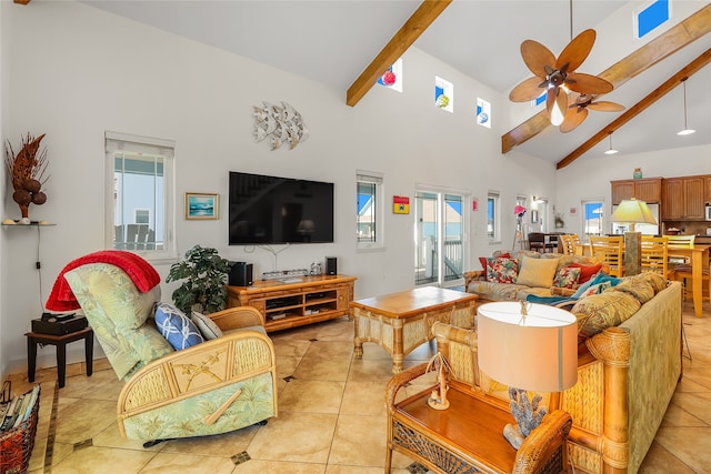 tiled living room with beamed ceiling, ceiling fan, and high vaulted ceiling