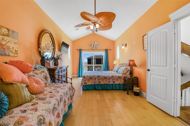 bedroom with lofted ceiling, access to exterior, ceiling fan, and light hardwood / wood-style flooring