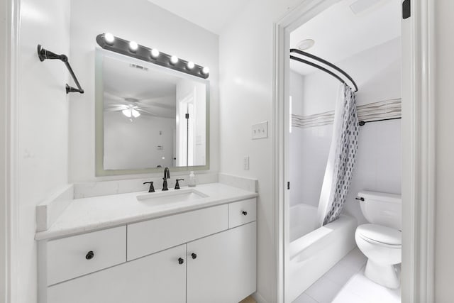 full bathroom with vanity, tile patterned flooring, ceiling fan, toilet, and shower / bathtub combination with curtain