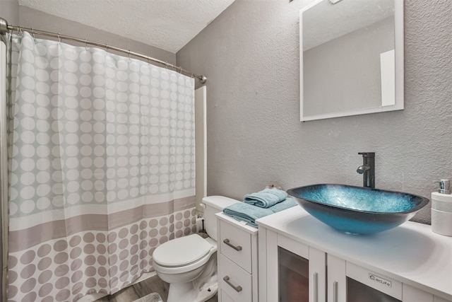 bathroom with vanity, a textured ceiling, and toilet