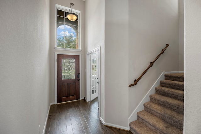 foyer entrance with dark hardwood / wood-style flooring and a towering ceiling