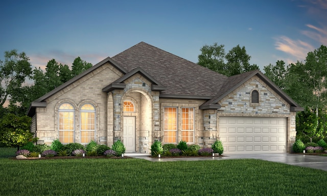 view of front of property featuring a garage and a yard