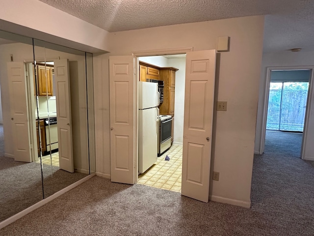 hall featuring a textured ceiling and light colored carpet