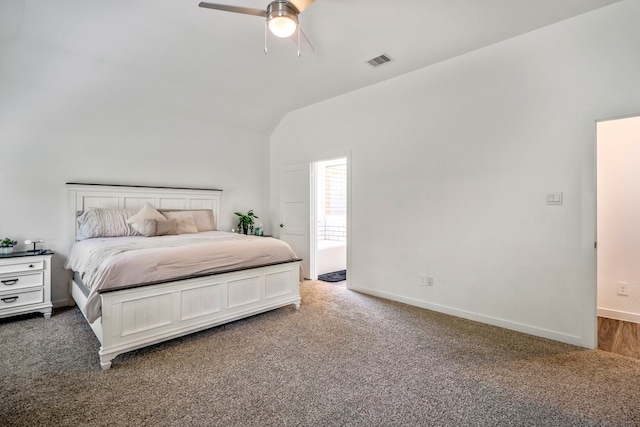 bedroom featuring ceiling fan, lofted ceiling, and dark carpet